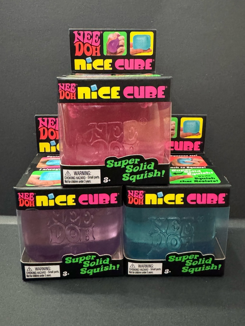 NeeDoh Nice Cube Lot of 3 Squishy Solid Squish Toy, Blue,Pink, Purple SEALED